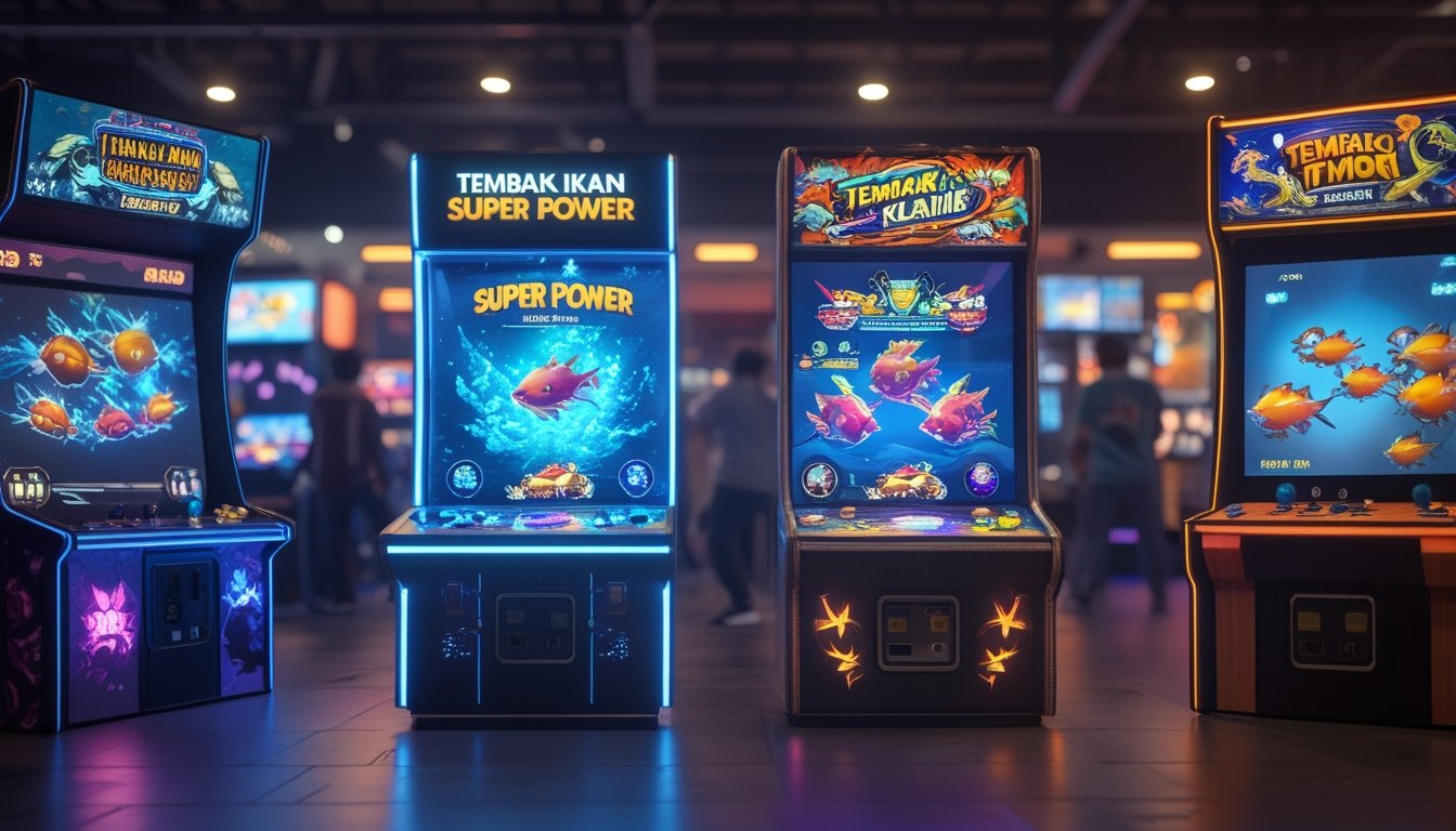 Dua mesin permainan arcade tembak ikan berdampingan, satu bergaya modern dengan efek neon, dan satu bergaya klasik dengan warna hangat, di dalam suasana arcade yang ramai.