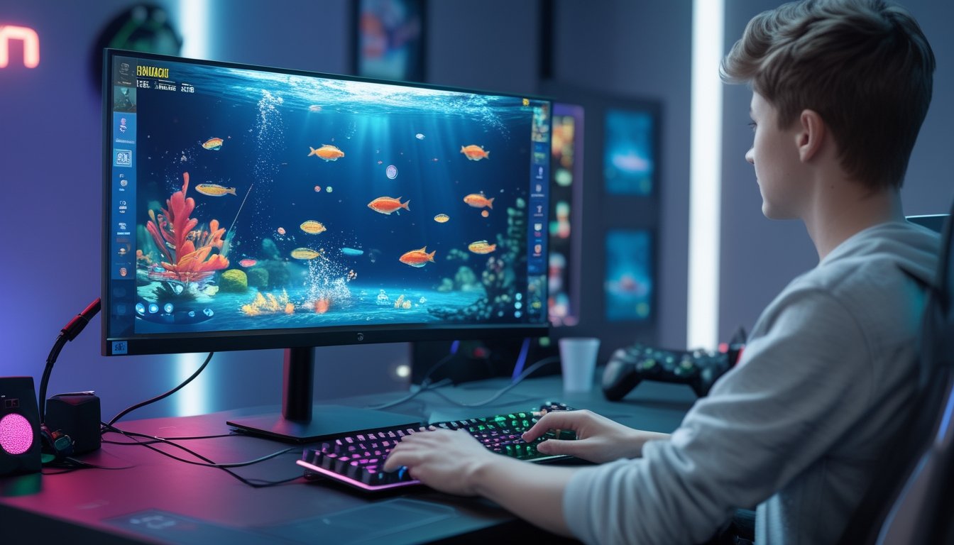Seorang pemain muda sedang bermain game menembak ikan di komputer dengan latar belakang grafis bawah laut berwarna-warni.