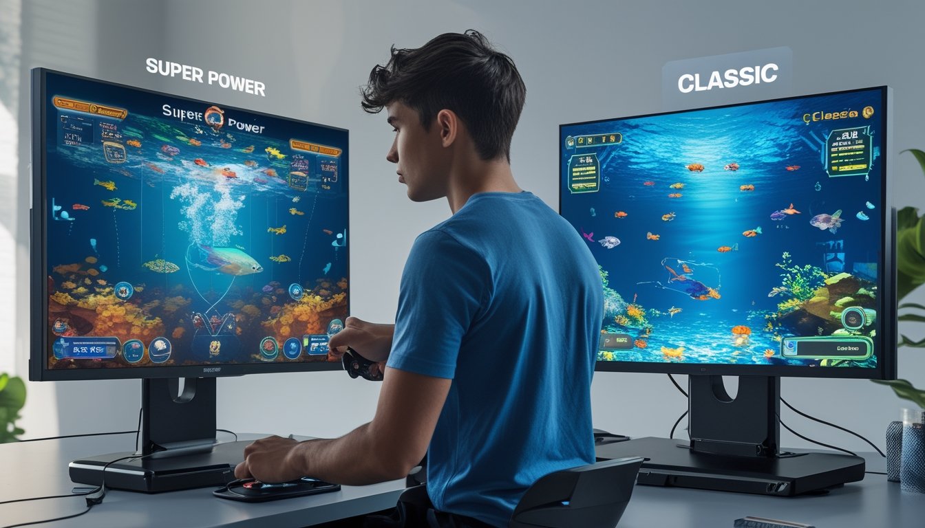 Dua setup permainan memancing arcade berdampingan menampilkan layar dengan grafis ikan berwarna-warni dan seorang pemain muda yang sedang bermain.