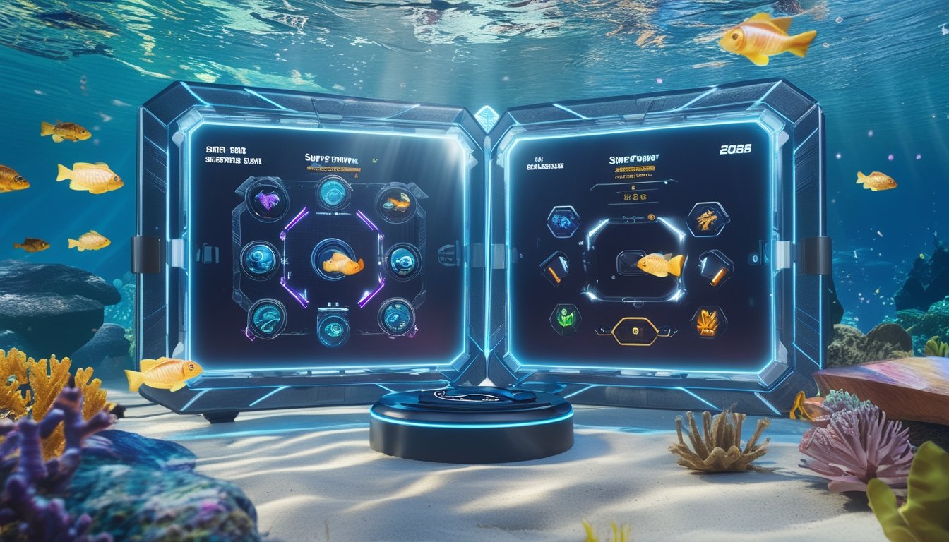Adegan bawah laut dengan dua layar permainan menembak ikan, satu modern dengan efek neon dan hologram, satu klasik dengan tampilan sederhana, menunjukkan perbedaan antara permainan tembak ikan super power dan klasik.