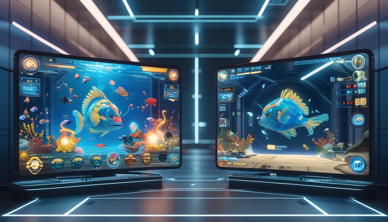 Dua layar permainan menampilkan perbandingan antara permainan tembak ikan super power futuristik dan permainan tembak ikan klasik dengan latar belakang modern.