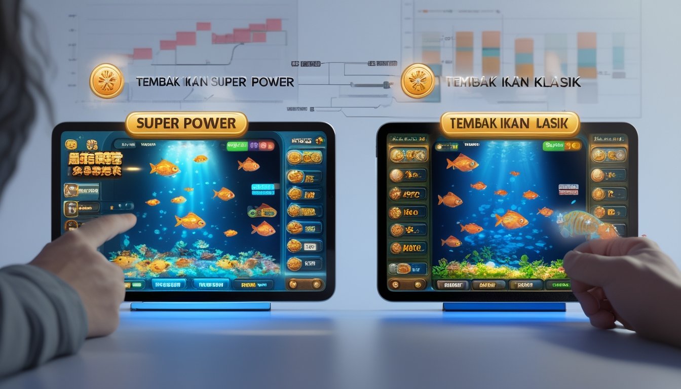 Dua perangkat digital berdampingan menampilkan permainan tembak ikan dengan fitur bonus berbeda, satu dengan efek visual yang lebih dinamis dan satu dengan tampilan klasik, menunjukkan perbedaan strategi dalam permainan.