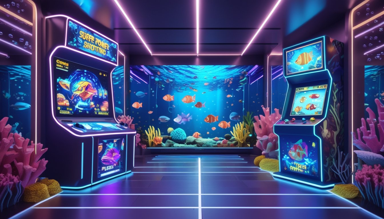 Sebuah ruangan arcade dengan mesin permainan menembak ikan modern dan klasik, menampilkan suasana bawah laut dengan ikan dan terumbu karang.