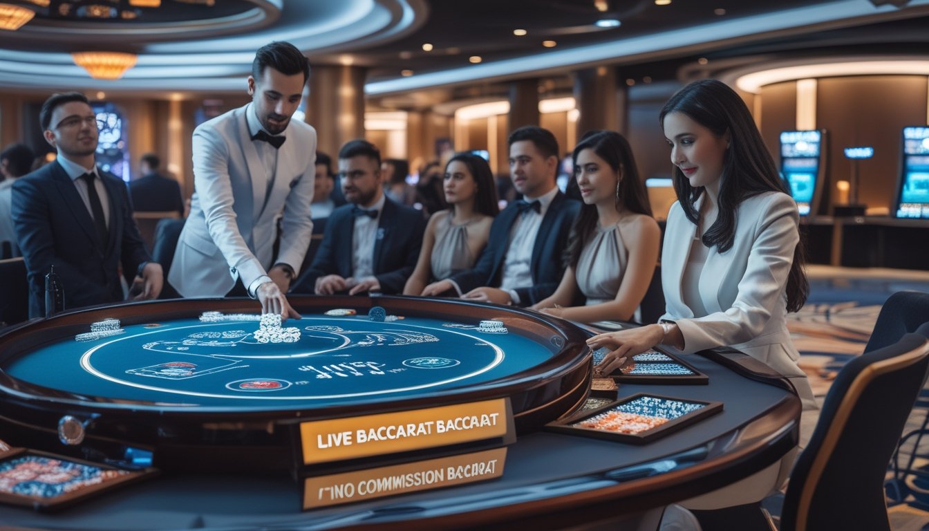 Meja baccarat di kasino modern dengan dealer dan pemain yang sedang bermain, menunjukkan suasana permainan baccarat langsung dan tanpa komisi.