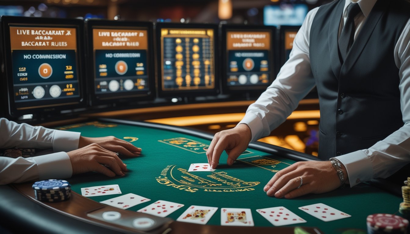 Meja permainan baccarat langsung dengan dealer membagikan kartu dan layar digital menampilkan statistik permainan di latar belakang.