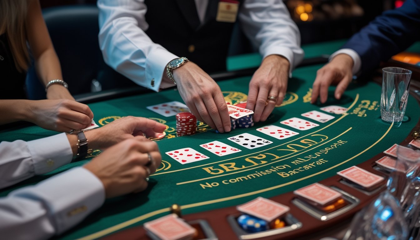 Suasana permainan baccarat langsung di meja kasino dengan dealer membagikan kartu dan pemain memasang taruhan.