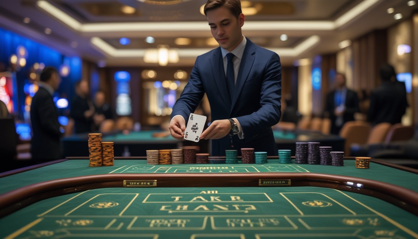 Seorang dealer yang berpakaian rapi sedang membagikan kartu di meja baccarat hijau dengan tumpukan chip, di dalam suasana kasino yang elegan dan ramai.