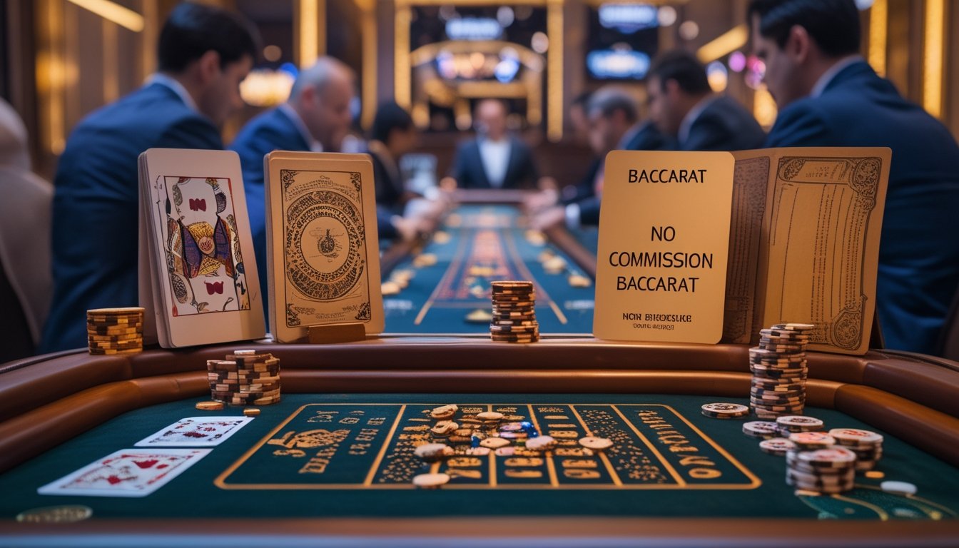 Meja Baccarat di kasino dengan elemen klasik dan modern yang menggambarkan perkembangan permainan hingga munculnya versi tanpa komisi.