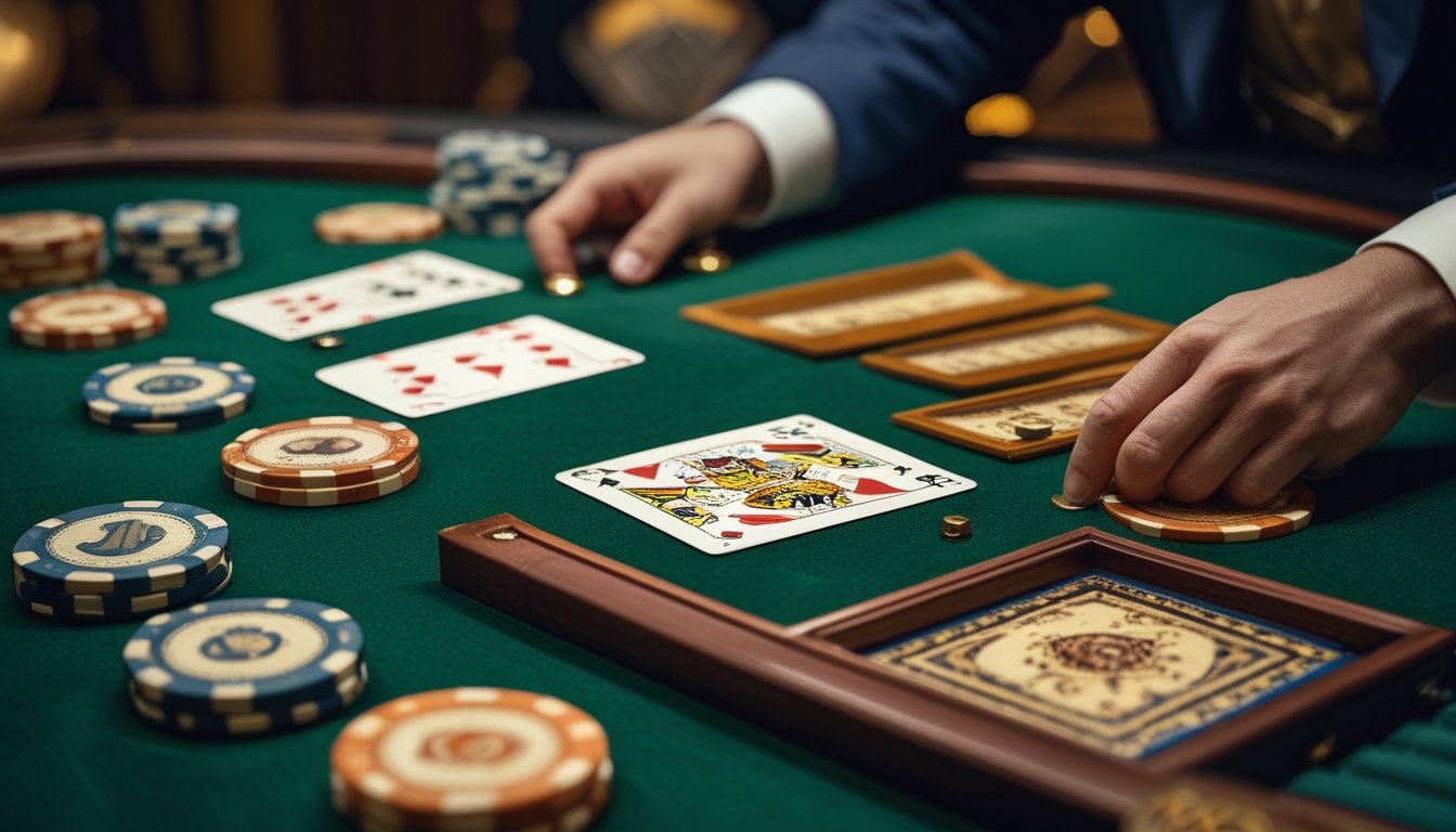 Meja baccarat dengan kartu dan chip yang tersusun rapi di kasino, menampilkan suasana permainan baccarat yang klasik dan modern.