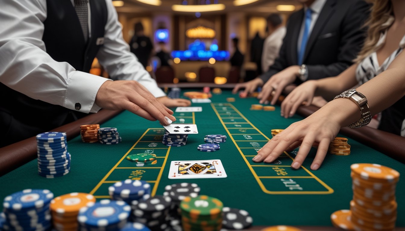 Meja baccarat dengan dealer yang sedang membagikan kartu dan pemain yang memasang taruhan di kasino.