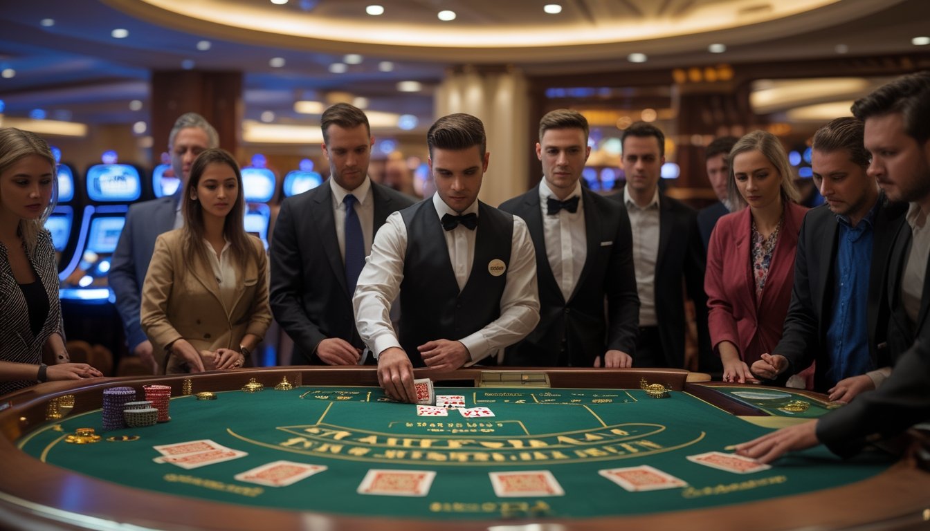 Meja baccarat langsung dengan dealer dan beberapa pemain sedang bermain di kasino.