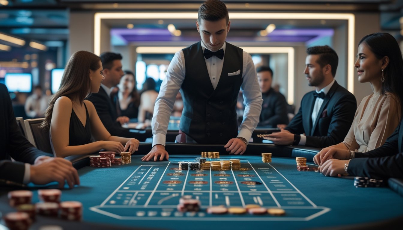 Seorang dealer dan pemain yang duduk di meja baccarat di kasino dengan chip dan kartu yang tertata rapi.