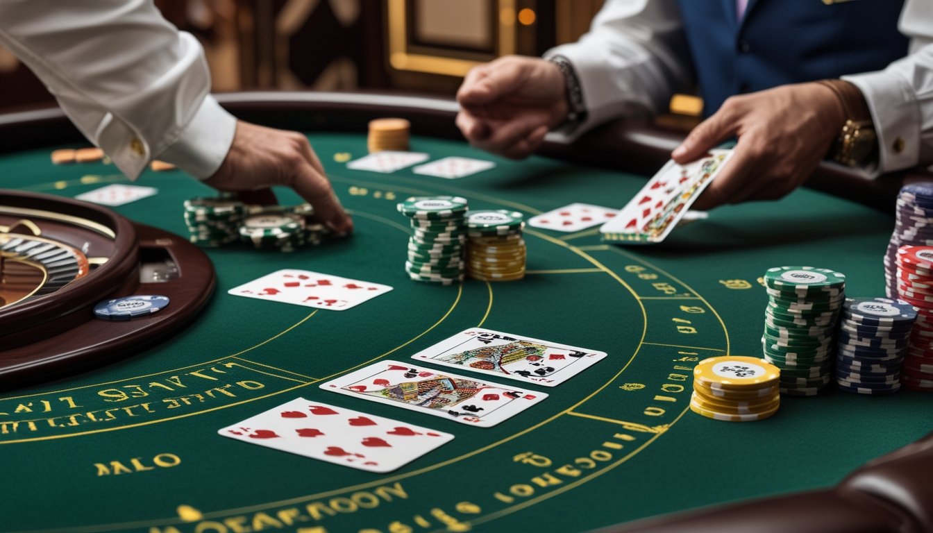 Meja kasino dengan permainan Baccarat, kartu dan chip taruhan, serta tangan dealer yang sedang membagikan kartu.
