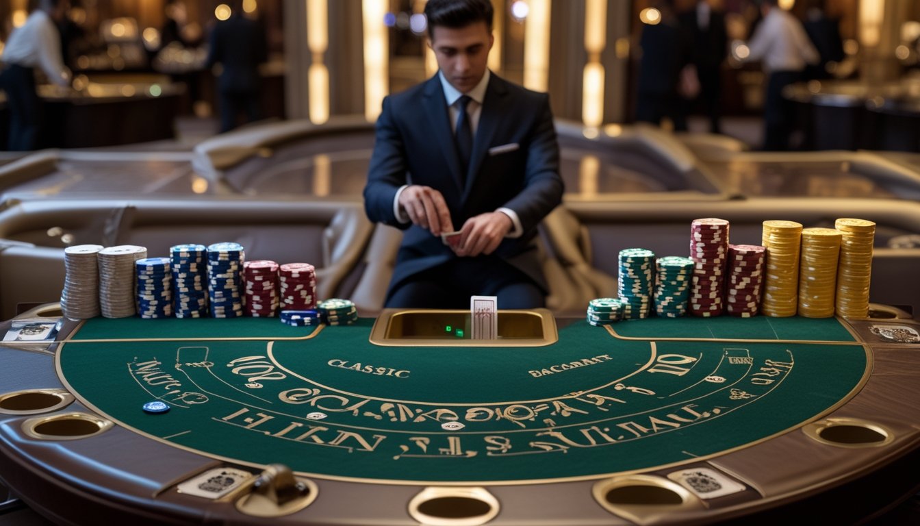 Dua meja baccarat berdampingan di kasino mewah dengan dealer yang sedang membagikan kartu, menunjukkan perbedaan antara permainan baccarat klasik dan baccarat tanpa komisi.