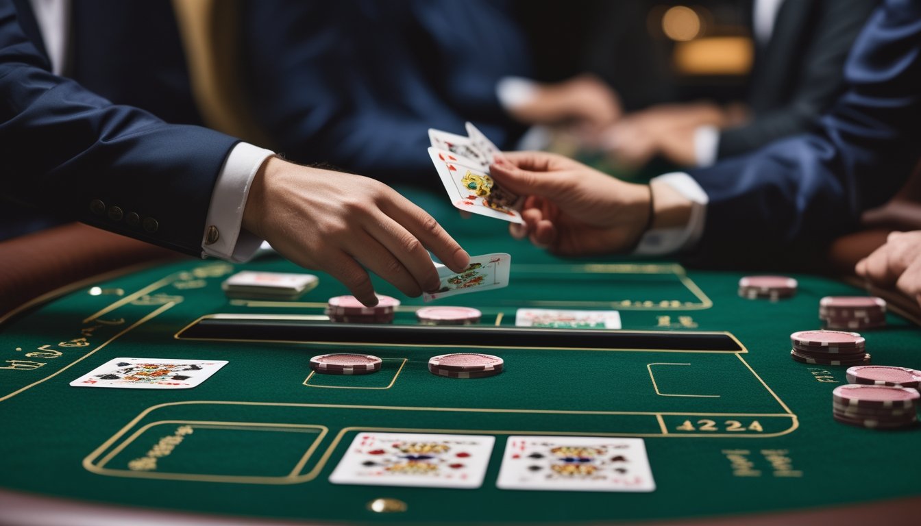 Meja baccarat di kasino dengan kartu dan chip yang tersusun rapi, serta dealer yang sedang membagikan kartu.