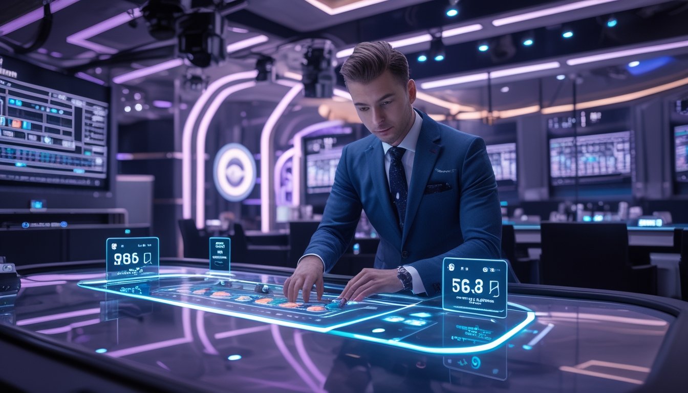 Seorang dealer yang rapi sedang membagikan kartu baccarat di meja digital futuristik dengan kamera dan layar besar di latar belakang yang menampilkan data permainan secara real-time.