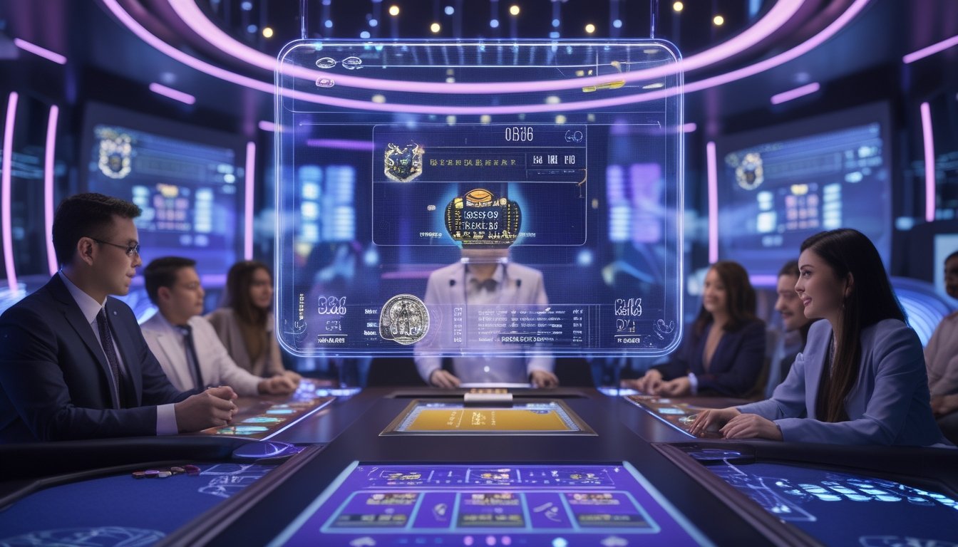 Sejumlah pemain sedang menikmati permainan baccarat modern dengan teknologi live streaming di kasino futuristik.