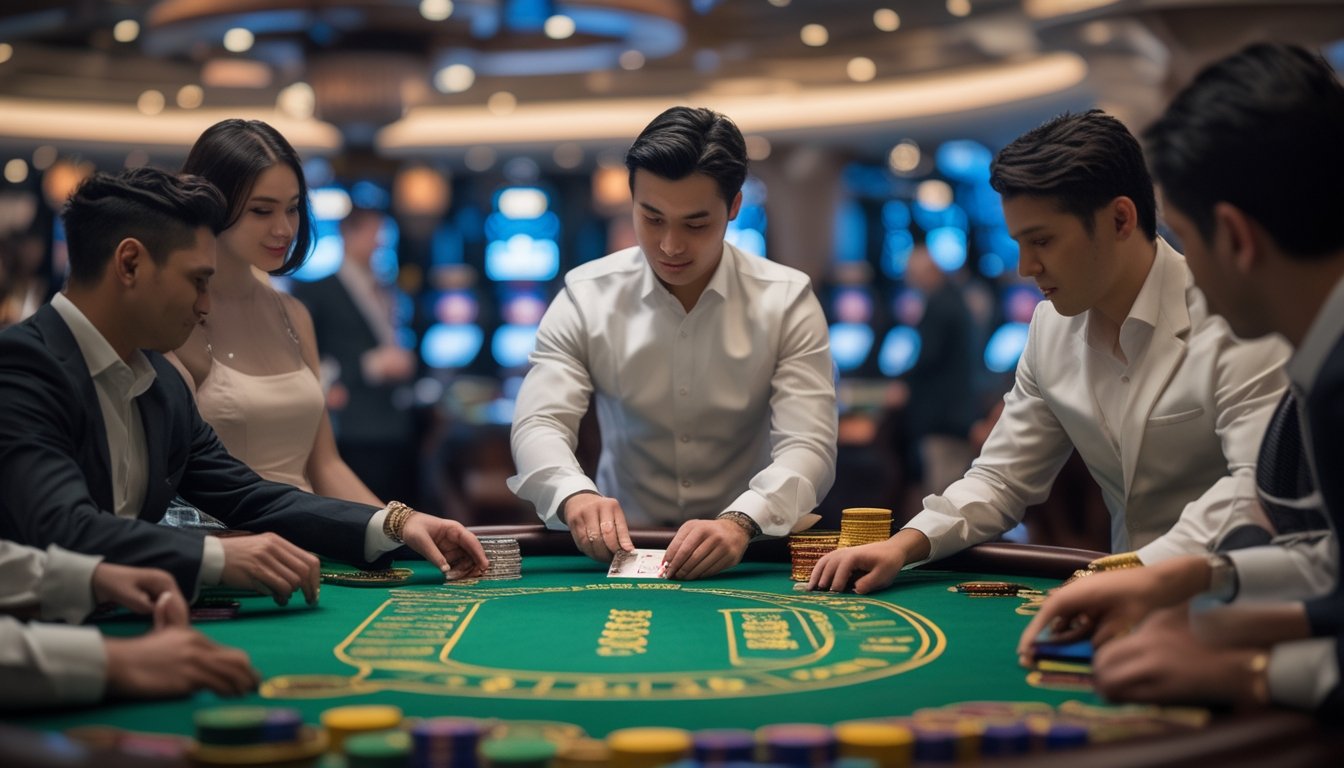 Sebuah meja baccarat hidup di kasino dengan pemain dan dealer yang sedang bermain kartu dan chip di atas meja hijau.