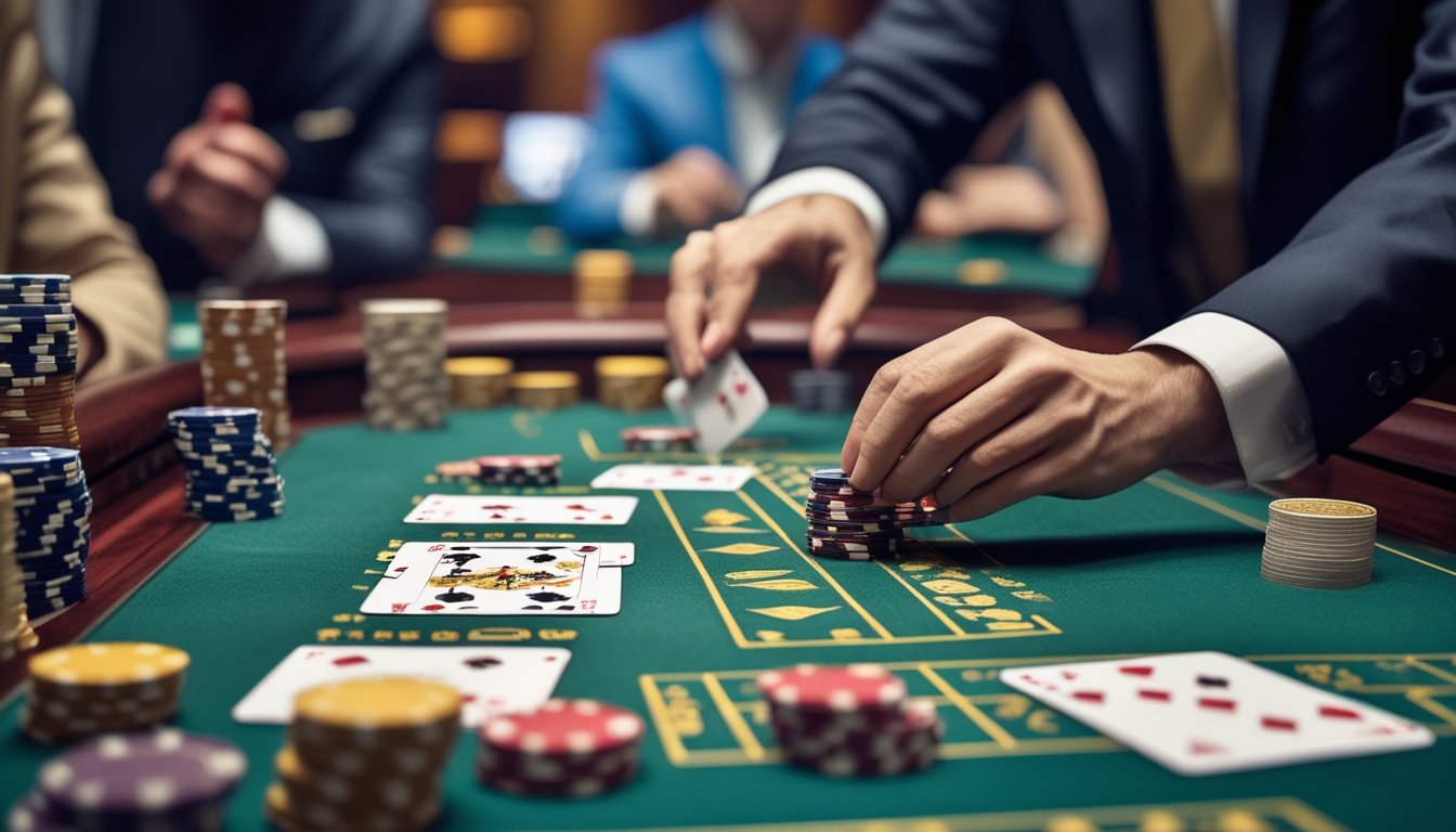Meja permainan baccarat dengan kartu dan chip yang tersusun rapi, serta tangan dealer yang sedang membagikan kartu.