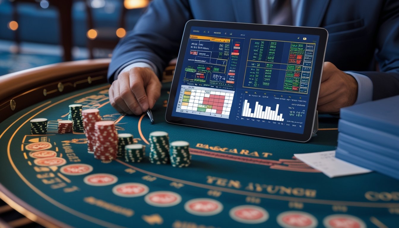 Seorang profesional sedang menganalisis peluang dan probabilitas dalam permainan baccarat di meja dengan kartu, chip, dan perangkat digital.