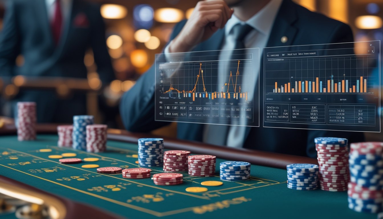 Seorang profesional menganalisis data statistik dan peluang dalam permainan baccarat di meja kasino dengan kartu dan chip.