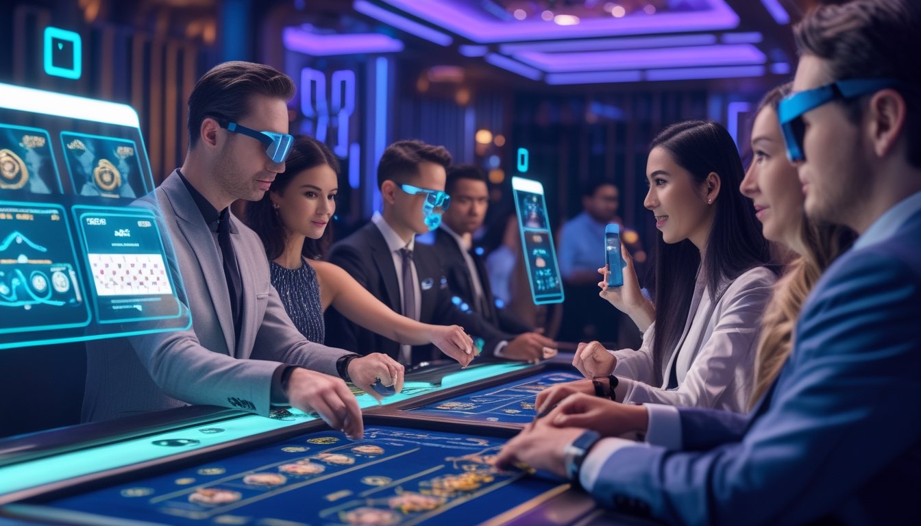 Orang-orang bermain permainan baccarat online dan kasino langsung menggunakan teknologi canggih di lingkungan kasino modern.