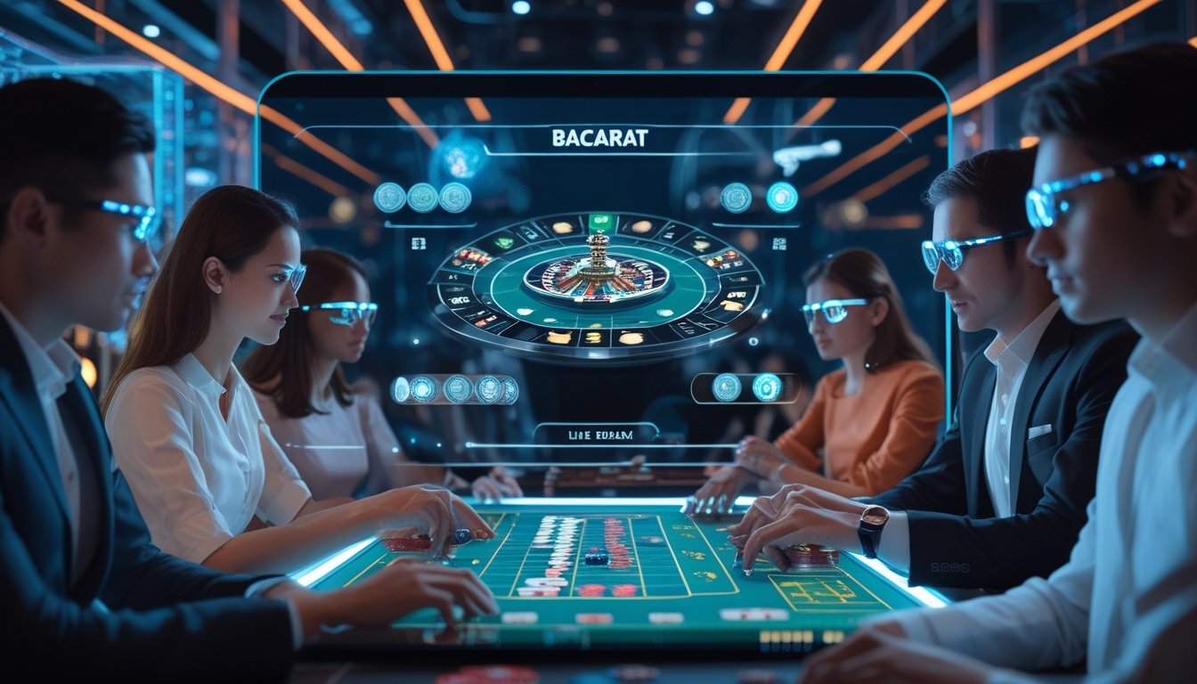 Beberapa orang sedang bermain permainan baccarat online dengan antarmuka digital modern dan dealer langsung di layar besar.