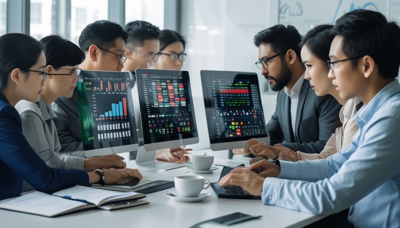Sekelompok profesional sedang bekerja di kantor dengan komputer dan grafik, fokus menganalisis data terkait togel Taiwan.