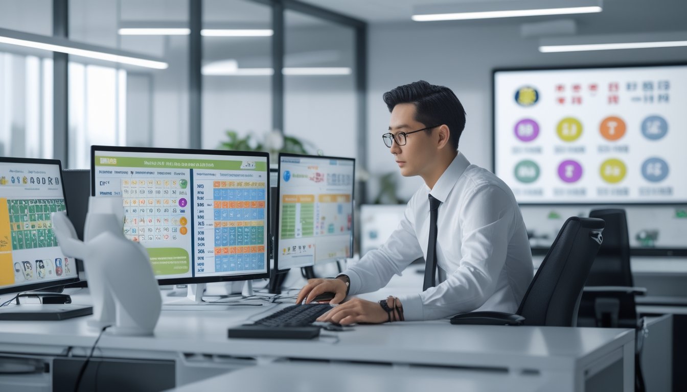 Seorang profesional sedang bekerja di kantor agen togel dengan layar komputer menampilkan angka dan grafik togel Taiwan.