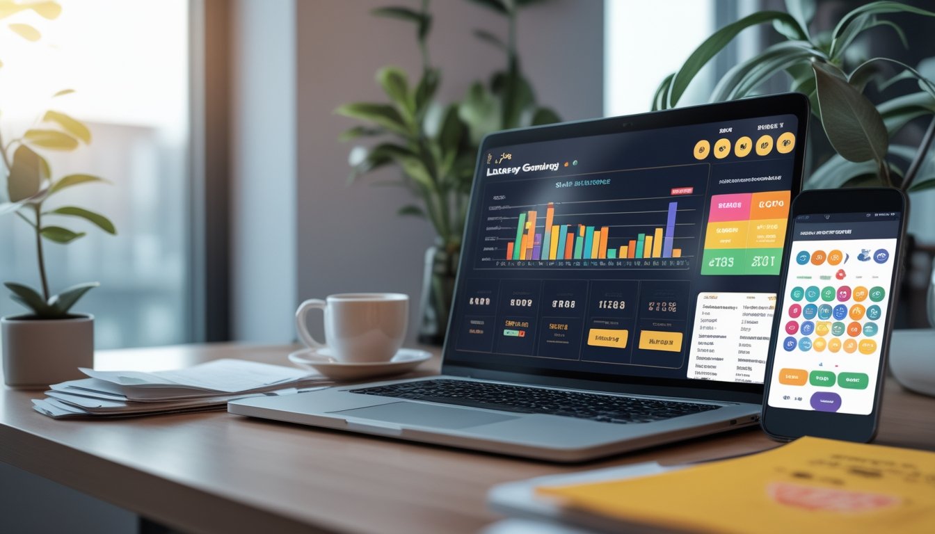 Meja kerja dengan laptop, ponsel, dan perlengkapan yang menunjukkan aktivitas bermain togel secara digital.