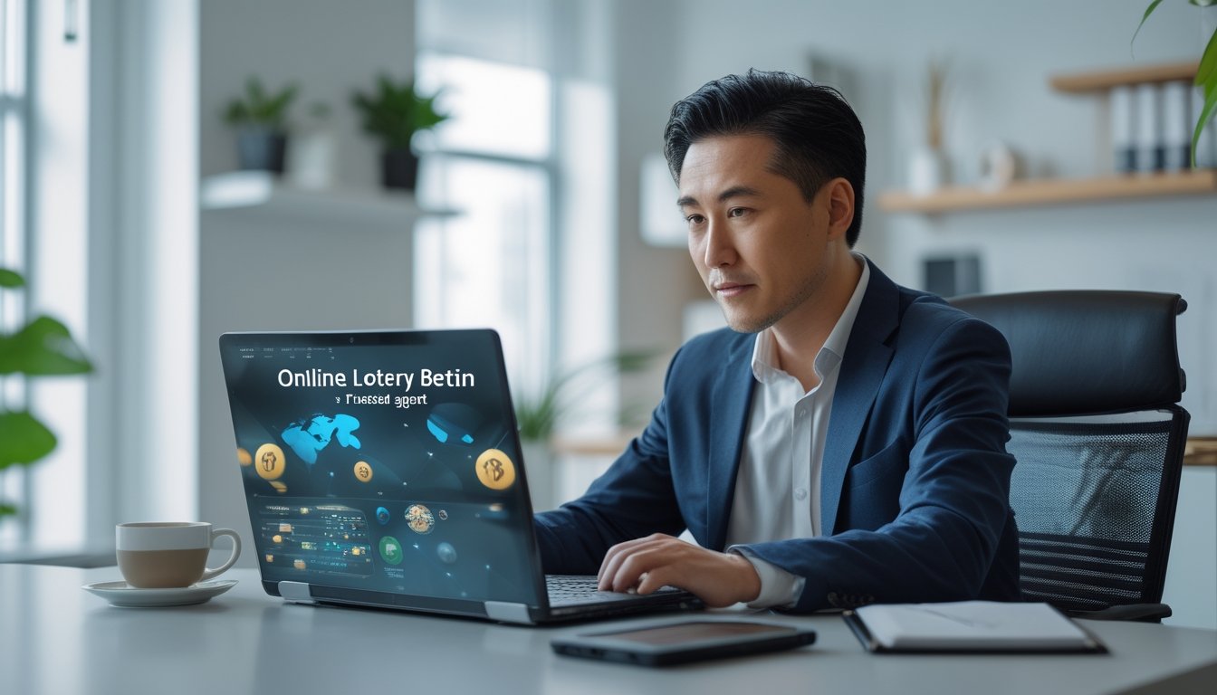 Seorang pria Asia dewasa duduk di meja kerja menggunakan laptop di ruang kantor yang rapi dan terang.