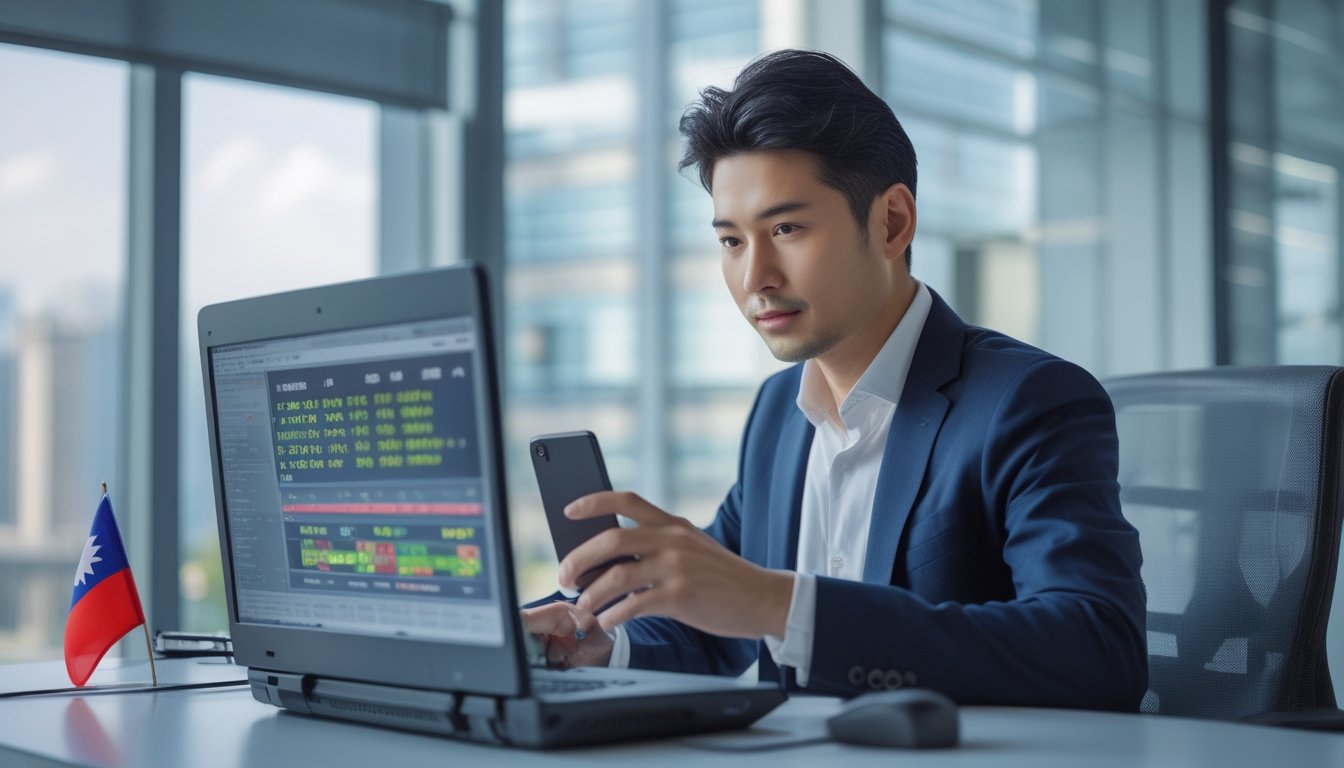 Seorang pria Asia duduk di meja kantor modern, fokus menggunakan laptop dan ponsel dengan latar belakang pemandangan kota Taiwan.