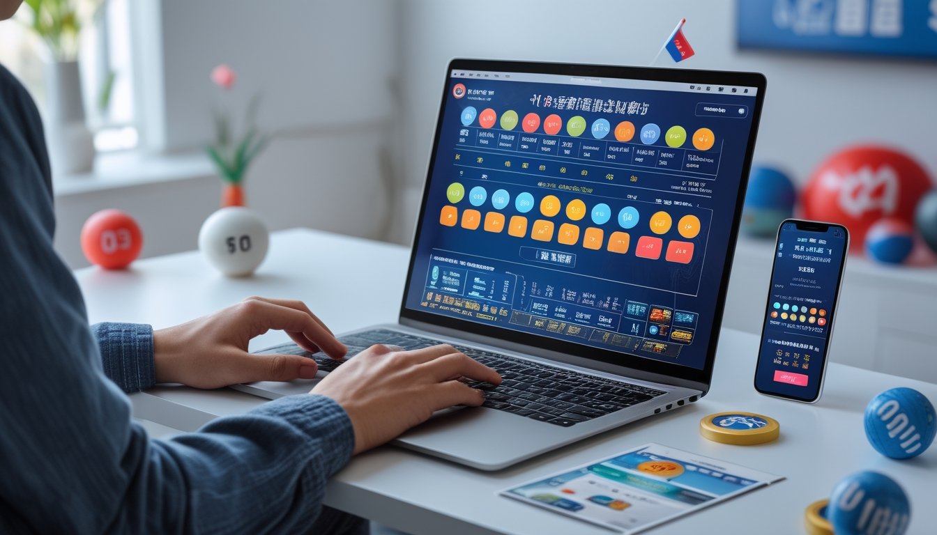 Seorang profesional menggunakan laptop dengan tampilan antarmuka taruhan togel Taiwan, dikelilingi oleh bola togel dan smartphone di meja kerja yang rapi.