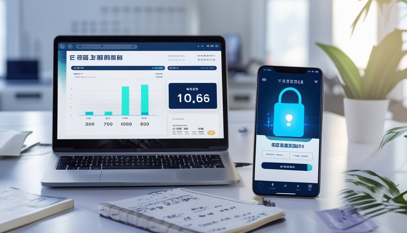 Meja kerja dengan laptop, buku catatan, dan ponsel yang menampilkan data terkait taruhan togel Taiwan.