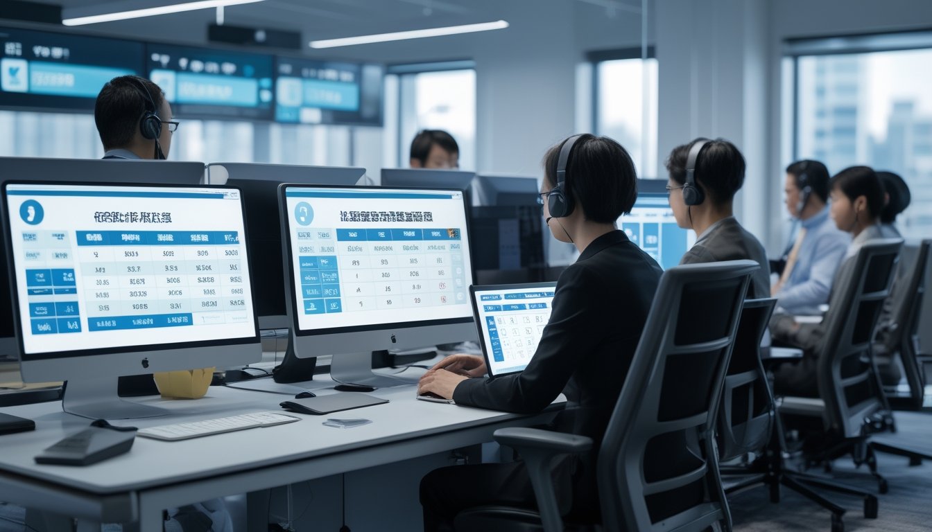 Sejumlah profesional bekerja di kantor modern dengan komputer dan perangkat digital yang menampilkan antarmuka lotere dan taruhan, menunjukkan layanan pelanggan 24 jam.