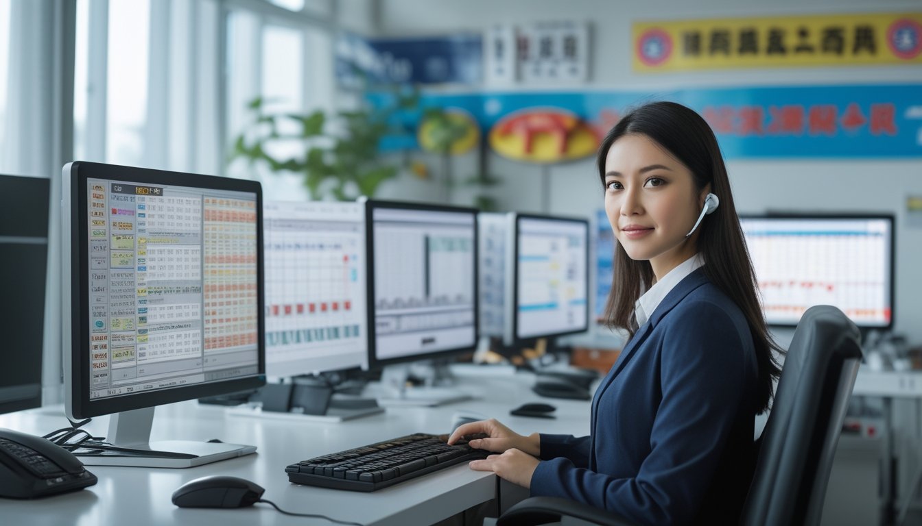 Seorang wanita bisnis Asia duduk di meja kantor modern dengan beberapa monitor komputer, menunjukkan suasana kerja yang profesional dan terpercaya.