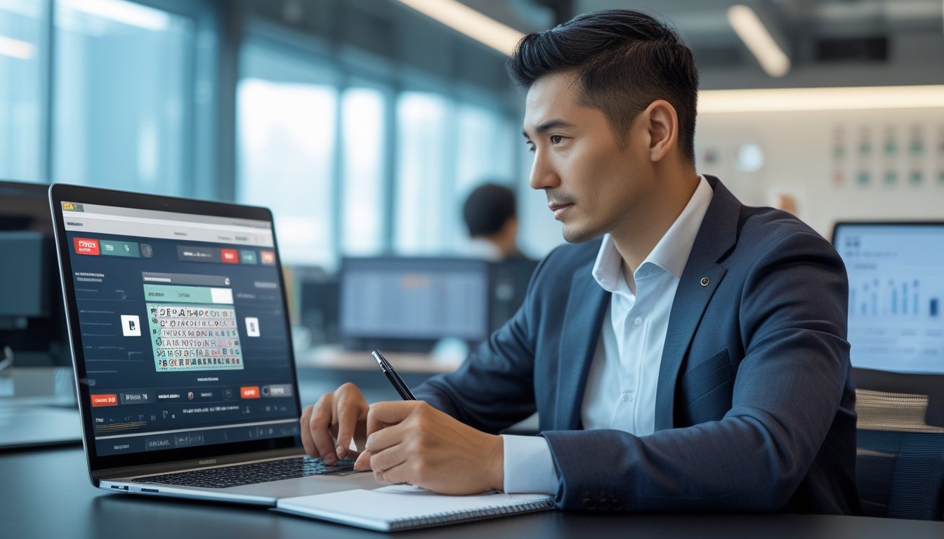 Seorang pria duduk di meja kerja dengan laptop, menganalisis data taruhan togel secara serius di kantor modern.