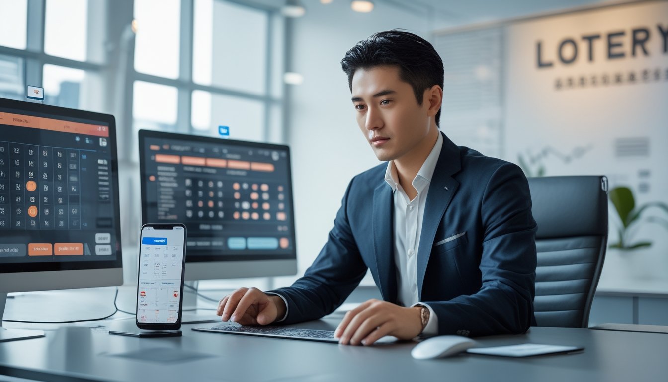 Seorang pria Asia duduk di meja kantor modern dengan beberapa monitor komputer yang menampilkan grafik dan angka, fokus pada aktivitas taruhan togel online.