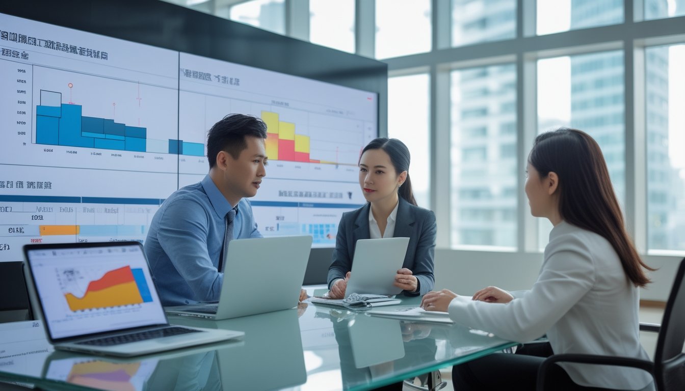 Dua profesional bisnis sedang berdiskusi di kantor dengan perangkat digital yang menampilkan grafik perbandingan pasar Taiwan.