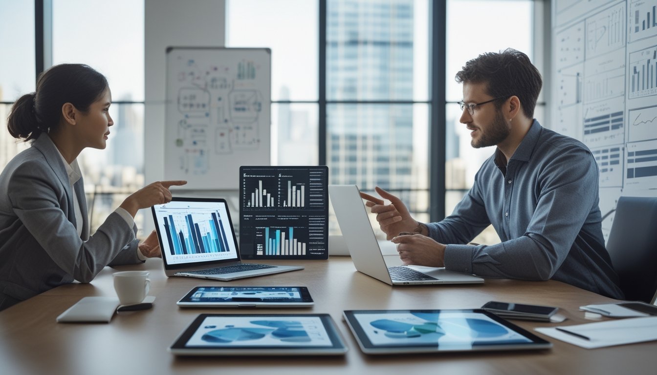 Dua profesional bisnis sedang berdiskusi di kantor dengan perangkat digital yang menampilkan grafik dan diagram.