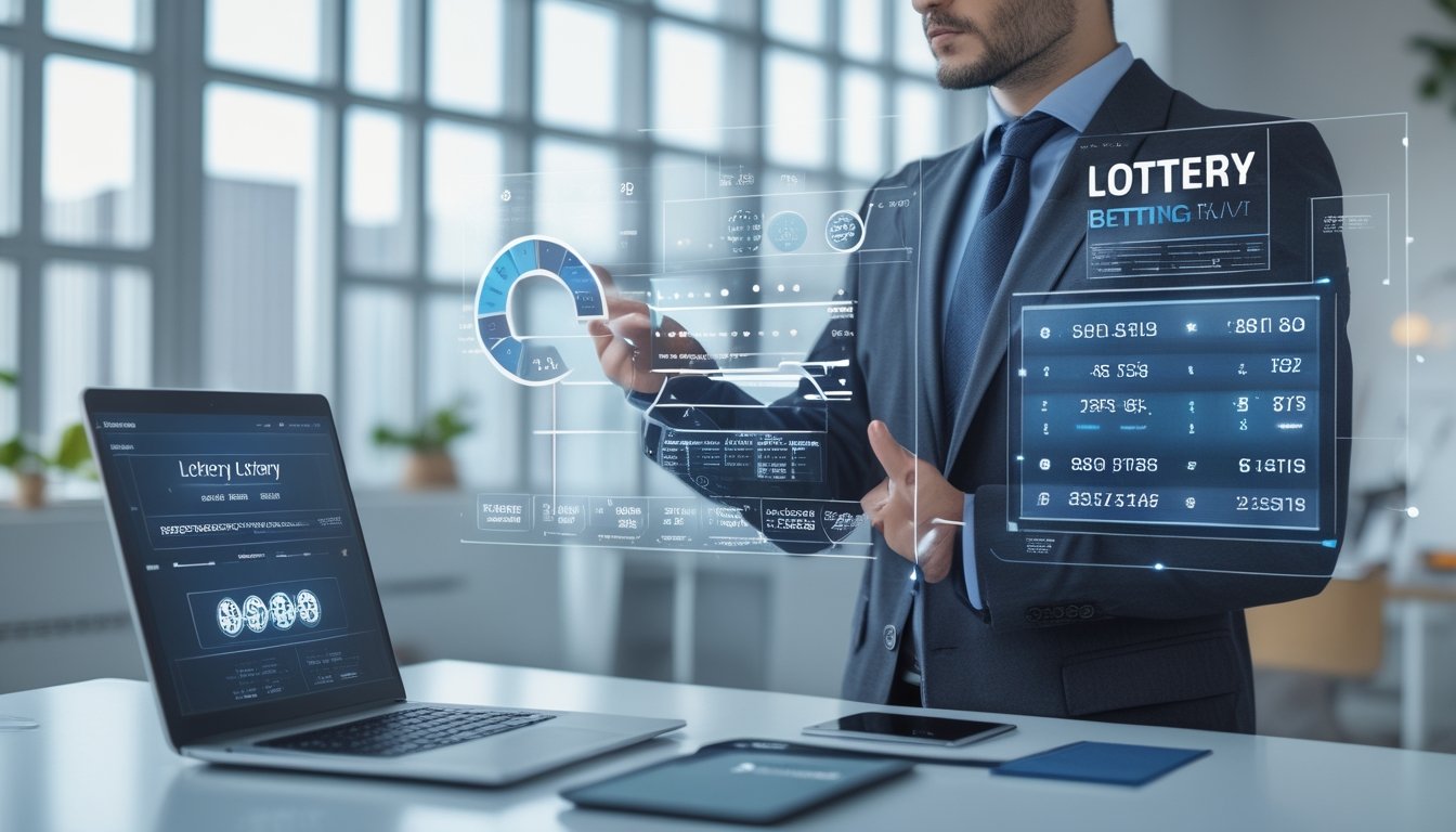 Seorang bisnis profesional sedang menganalisis data pada beberapa layar digital di kantor modern.