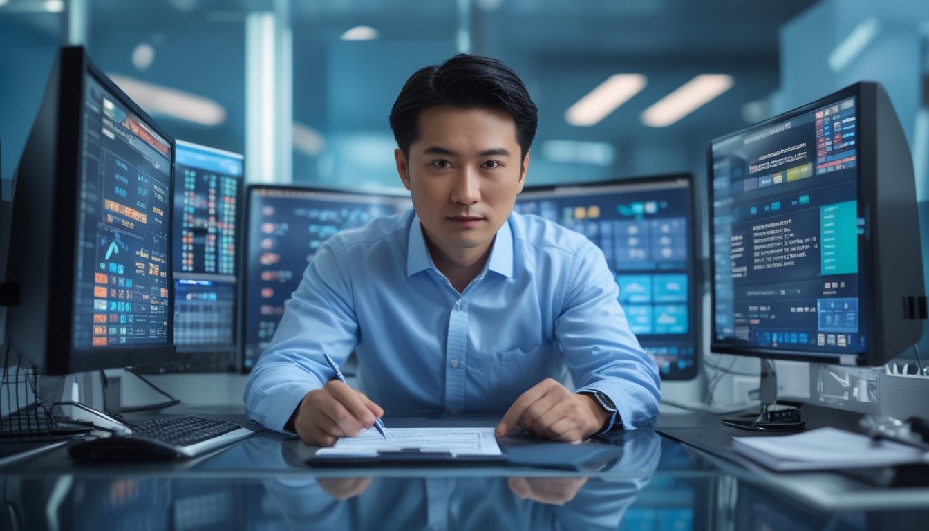 Seorang pria Asia duduk di meja kerja dengan beberapa layar komputer menampilkan grafik dan angka terkait togel, sedang menganalisis data serius dengan.