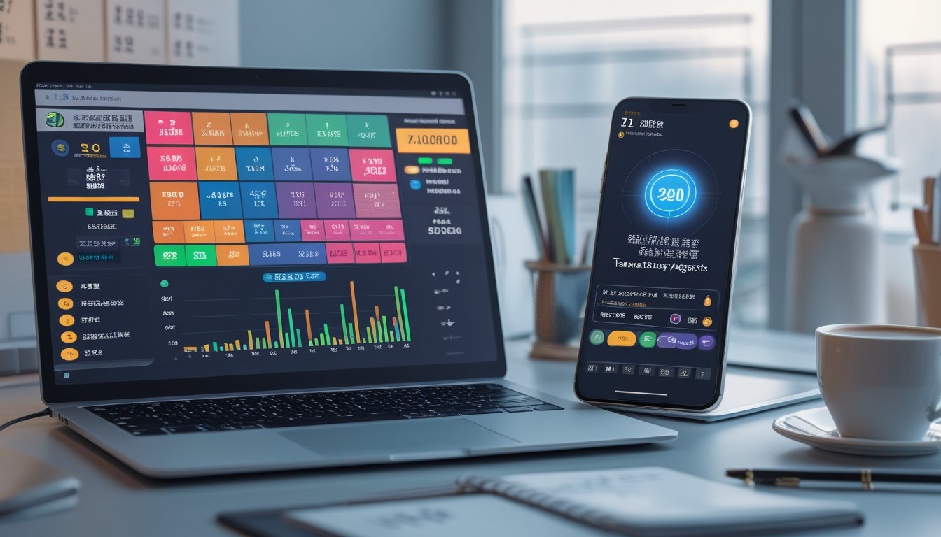 Meja kerja modern dengan laptop dan ponsel yang menampilkan aplikasi taruhan togel, dilengkapi dengan kalender dan alat tulis di sekitarnya.