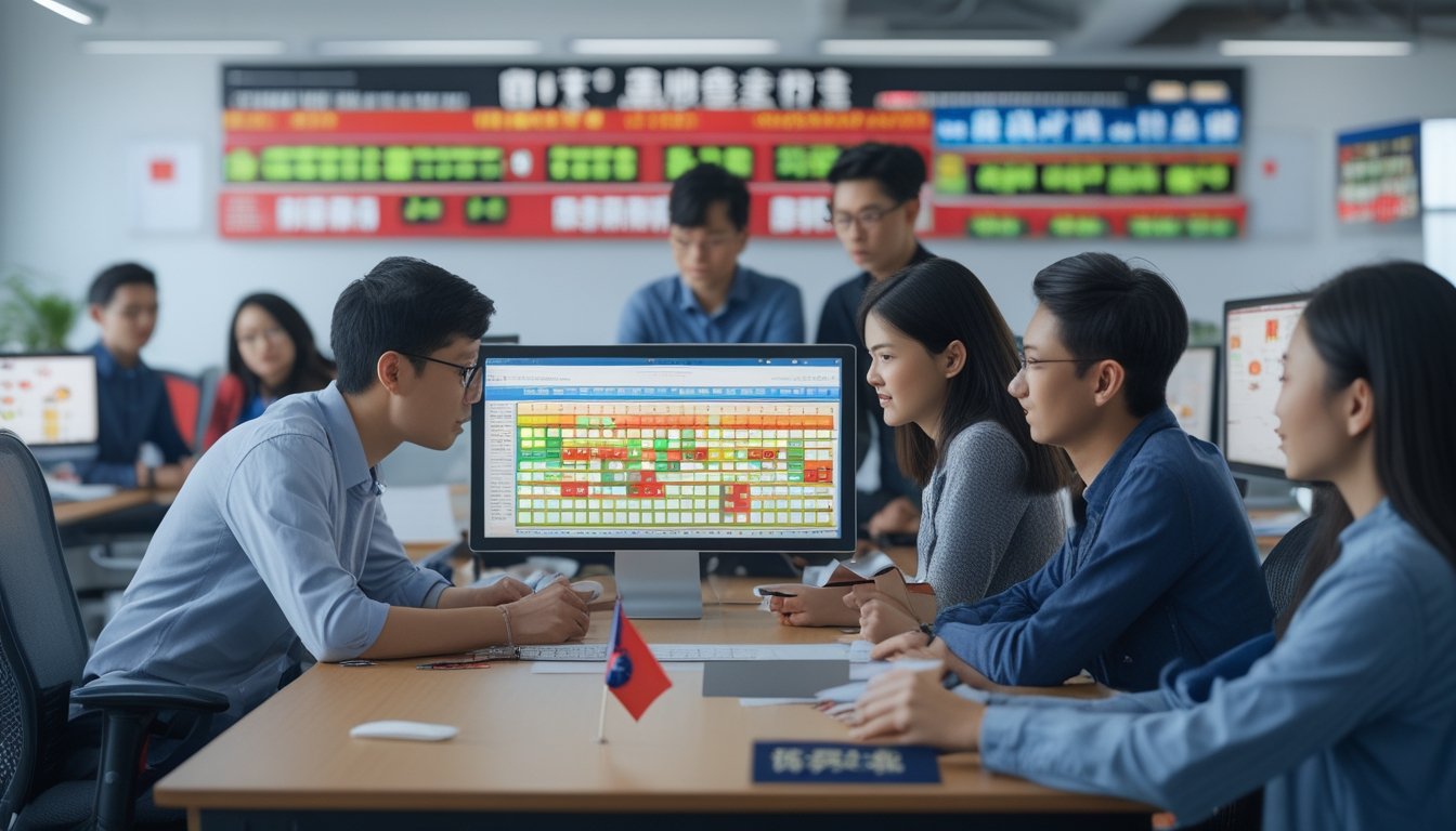 Beberapa orang muda sedang bekerja bersama di kantor dengan komputer yang menampilkan grafik dan angka togel Taiwan.