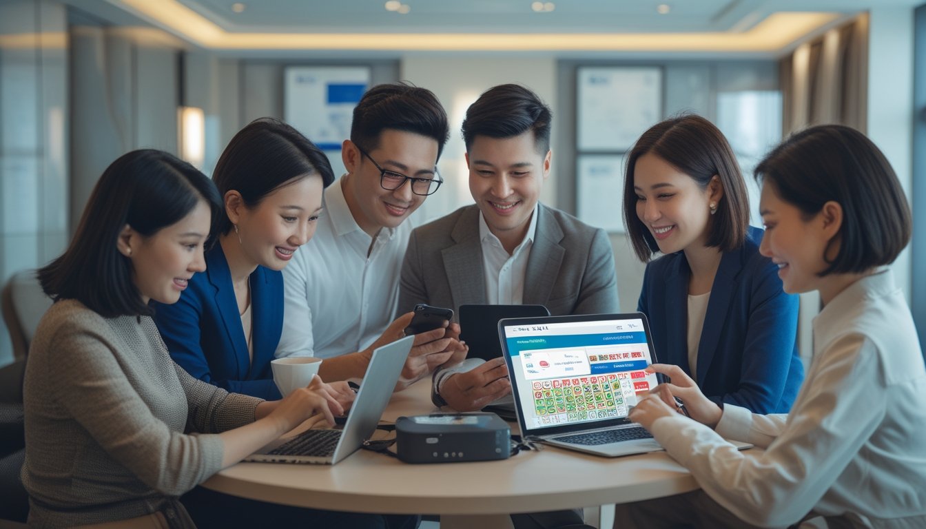 Beberapa orang menggunakan perangkat digital dalam ruangan modern yang menunjukkan aktivitas taruhan togel Taiwan dengan suasana profesional dan terpercaya.