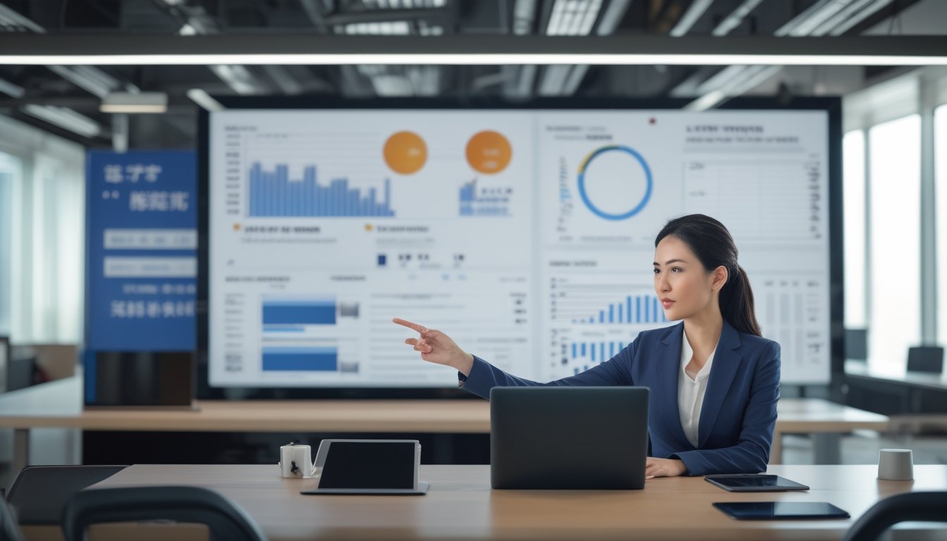 Seorang wanita bisnis sedang menganalisis data di kantor modern dengan peta Taiwan di latar belakang.