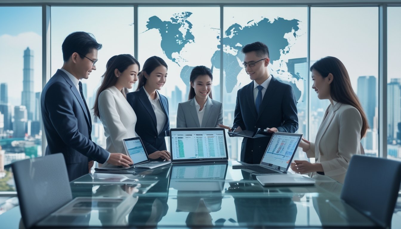 Sekelompok profesional bekerja sama di ruang kantor modern dengan perangkat digital, menampilkan suasana kerja yang fokus dan kolaboratif.
