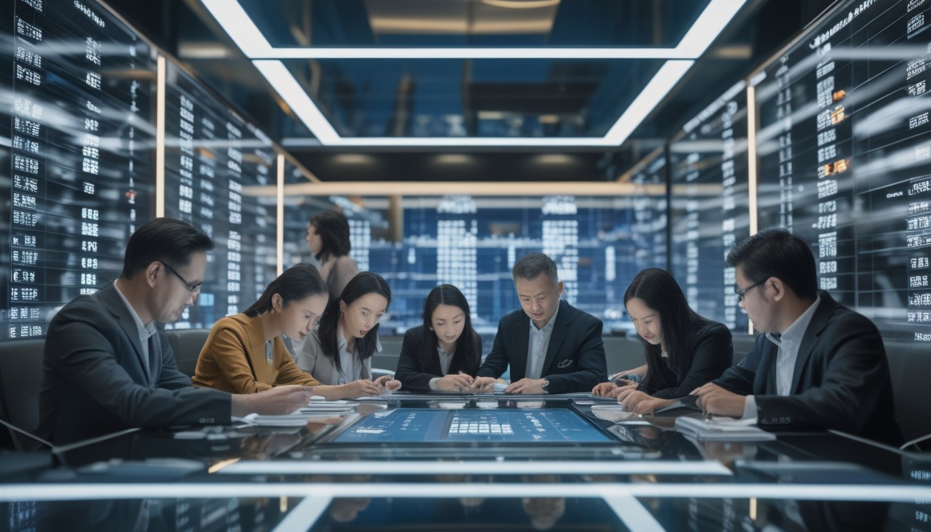 Beberapa orang dewasa sedang berdiskusi dan menganalisis data di ruang modern dengan layar digital dan suasana profesional.