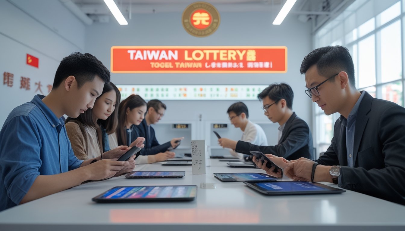 Orang-orang sedang bermain permainan togel Taiwan menggunakan perangkat digital di ruangan modern yang terang dan bersih.