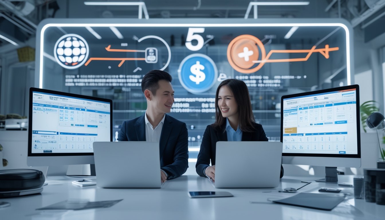 Dua orang profesional sedang bekerja bersama dengan perangkat digital di meja, menggambarkan proses transaksi cepat dan mudah untuk taruhan online dan togel.